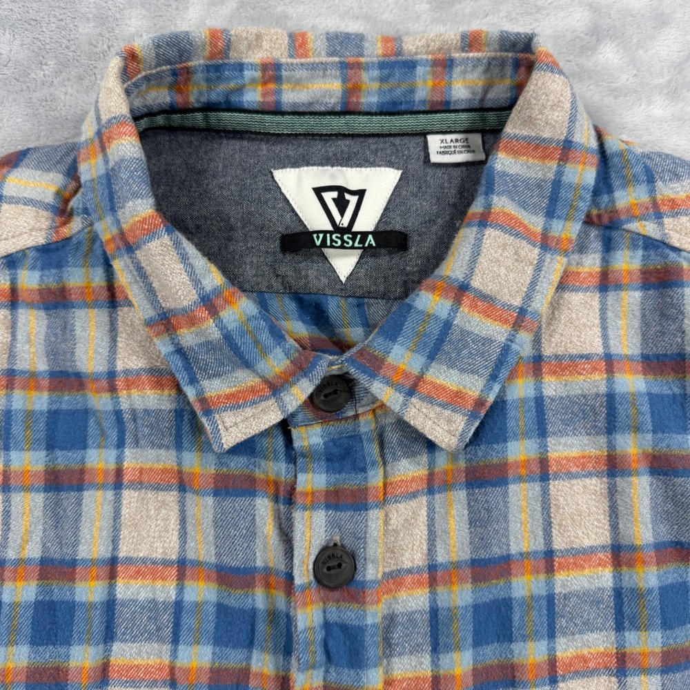 VISSLA Central Coast ECO Flannel Shirt Mens XL Blue Orange Organic Cotton Plaid - Picture 3 of 13